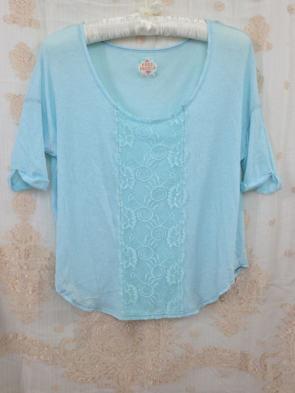 Free People Women's Light Blue Lace Panel Scoop Neck Top